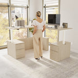 Bush Business Furniture SUT018NE Stratus 72W x78D Height Adjustable L Shaped Standing Desk with Drawers in Natural Elm with White Base